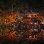 Kyoto Daigoji: Ancient Pagodas and Mountain Hikes A brightly lit Japanese temple, reminiscent of ancient pagodas, is surrounded by autumn trees and reflected perfectly in a still pond at night. A curved bridge leads to the temple, while colorful foliage creates a serene, picturesque scene echoing the tranquil beauty of Kyoto Daigoji.
