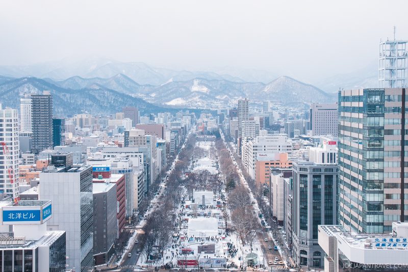 A snowy cityscape with tall buildings on both sides of a wide, tree-lined avenue, leading towards distant snow-covered mountains under a cloudy sky.