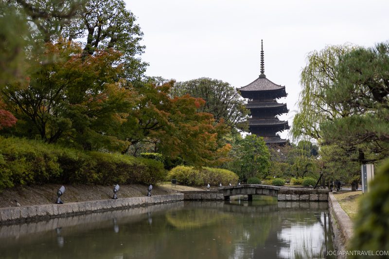 A peaceful garden with a stone bridge over a calm pond, surrounded by green and autumn-colored trees. In the background, Japan’s Tallest Wooden Pagoda at Toji Temple rises above the treetops under a cloudy sky.